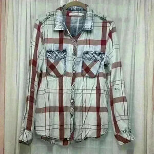 Billy T large Ltweight red white blue plaid w/roll tab sleeves item# 18